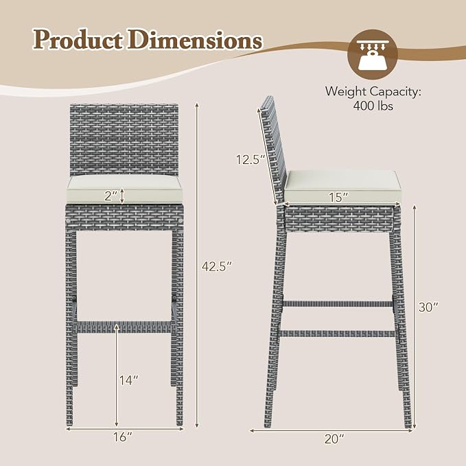 COSTWAY Outdoor Wicker Bar Stools Set of 2, Footrest and Backrest, Rattan - Image 3