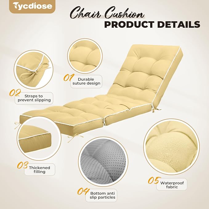 Outdoor Chaise Lounge Chair Cushion, Waterproof Non-Slip Patio Chaise Lounge - Image 5