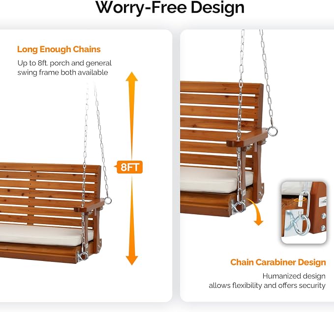 VINGLI Wooden Porch Swing, Heavy Duty 880 LBS Hanging Patio Bench - Image 3