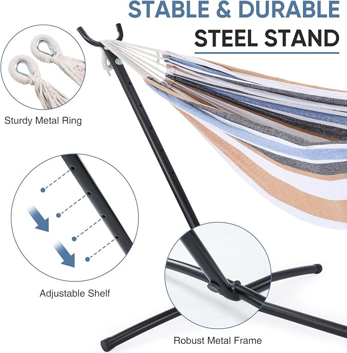 DUMOS Double Hammock with Space Saving Stand, Heavy Duty Steel Frame, Portable - Image 2