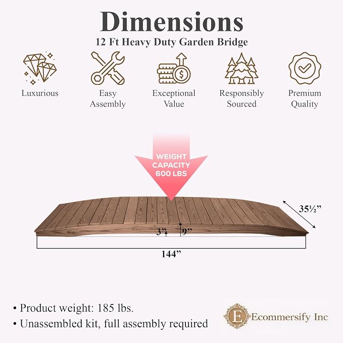 12 FT WALNUT Amish Made Pinewood Heavy Duty Garden Bridge - Image 2