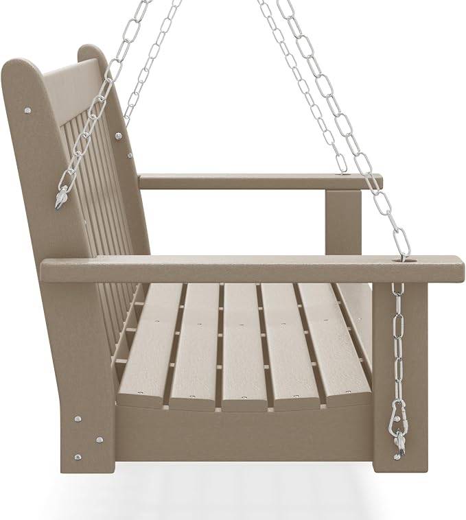 COSTAELM Paradise Outdoor Patio HDPE Hanging Front Porch Swing Bench, Weathered - Image 3
