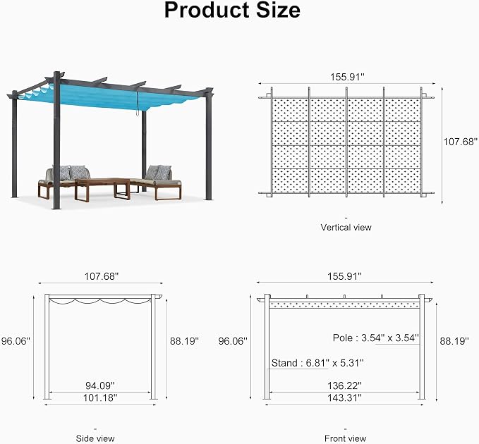 PURPLE LEAF 9.5' X 13' Outdoor Retractable Pergola Against The Wall - Image 7