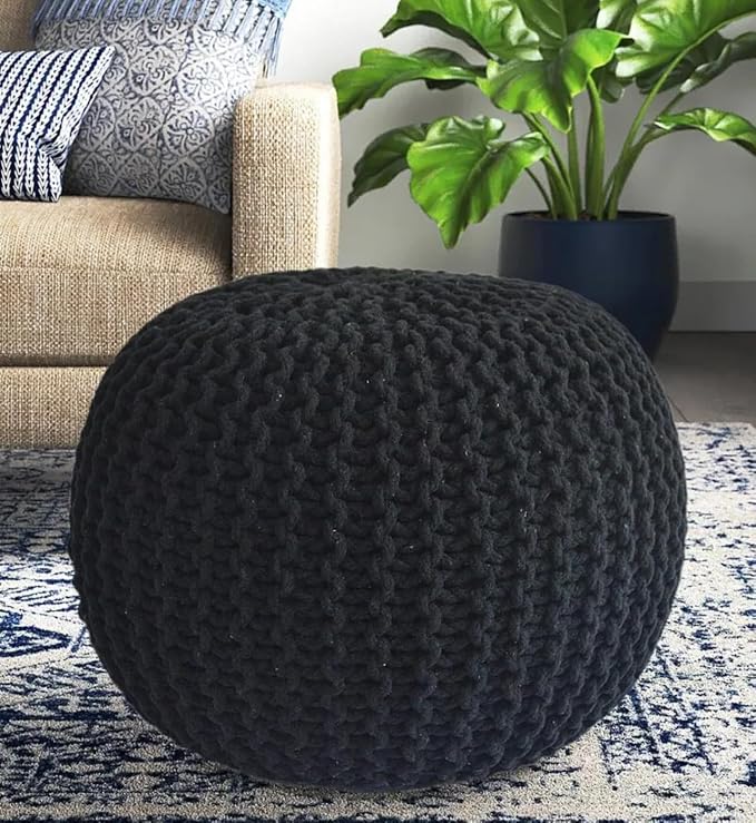 FRELISH DECOR Round Pouf Ottoman Hand Knitted 100% Cotton Pouf Foot Stool - Image 2