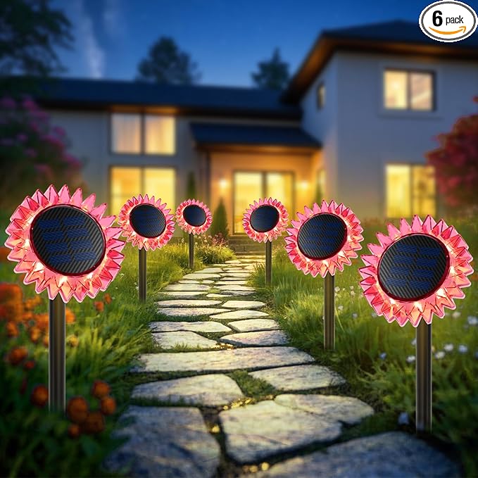 Outdoor Solar Lights, 6 Pack Led Solar Sunflower Lights, Stake/Wall 2-in-1 by GIUNN