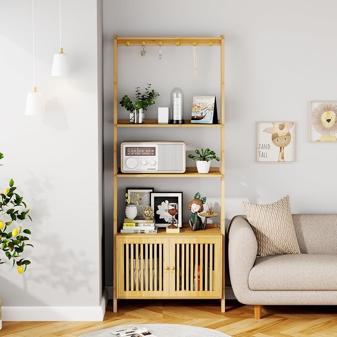 Bookcase with Drawers, 4-Tier Bamboo Bookshelf Ladder Shelf with 6 Hooks - Image 5