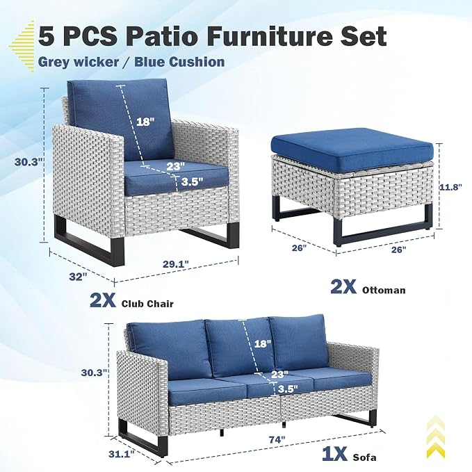 Belord Wicker Patio Furniture 5 Piece Outdoor Sofa Set, Oversize Outdoor Dining - Image 2