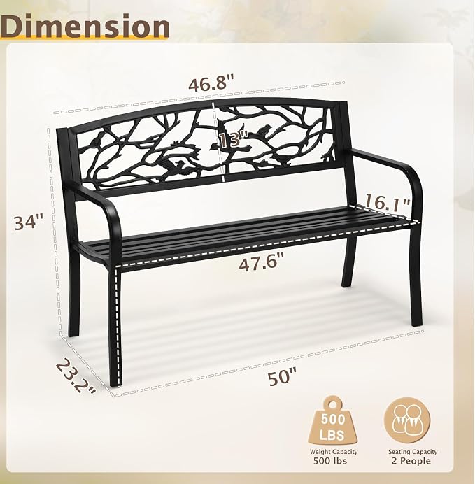 VINGLI Outdoor Bench for Patio Metal Garden Bench w/PVC Back Pattern - Image 3