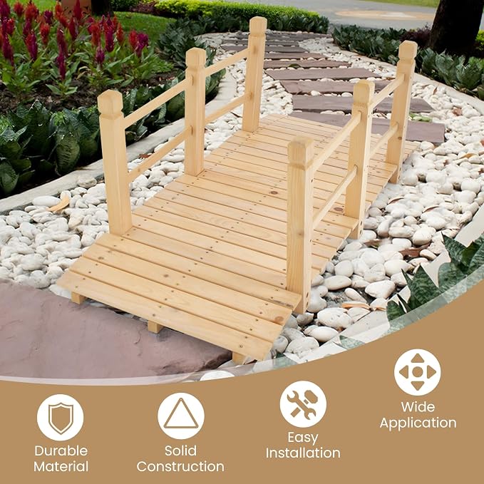 HAPPYGRILL 5FT Wooden Garden Bridge, Decorative Pond Landscaping Bridge - Image 5