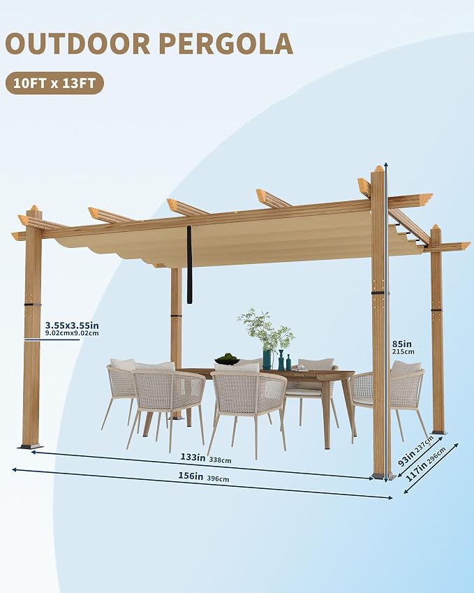 10x13 Ft Outdoor Pergola with Retractable Canopy Upgraded Aluminum Faux Wood - Image 6