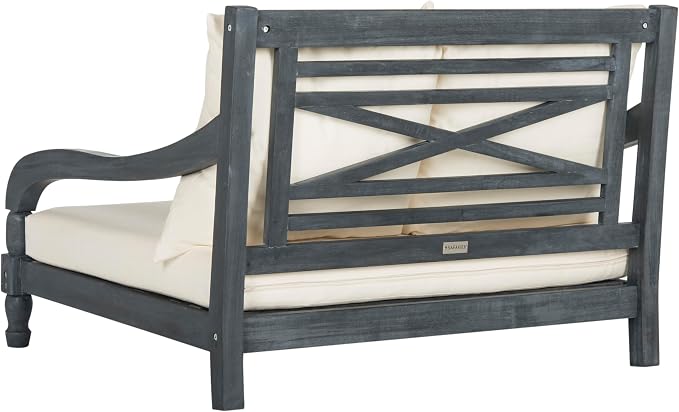SAFAVIEH Outdoor Collection Pomona Ash Grey Solid Wood/Beige Lounger Bench Sofa - Image 5