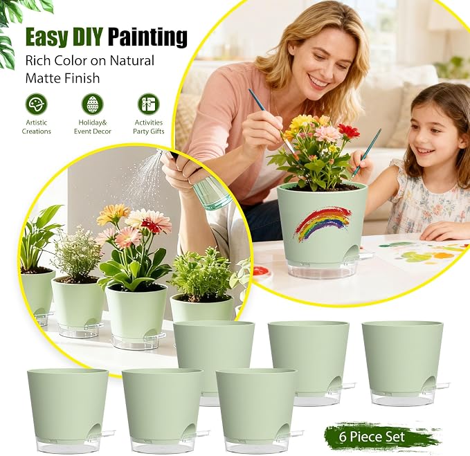 Plant Pots 7 Inch Self Watering Pots, 6 Pack Plastic Planters - Image 6