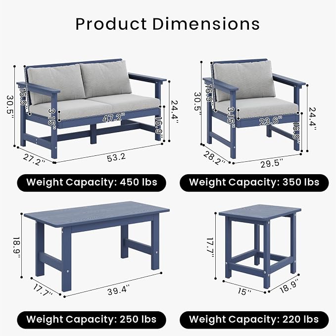 5-Piece Patio Conversation Sets, Weatherproof HDPE Sectional Furniture Set - Image 2