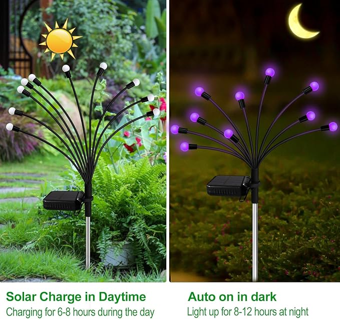 Solar Garden Lights Outdoor, 2 Pack 20 LED Solar Purple Firefly Lights - Image 2