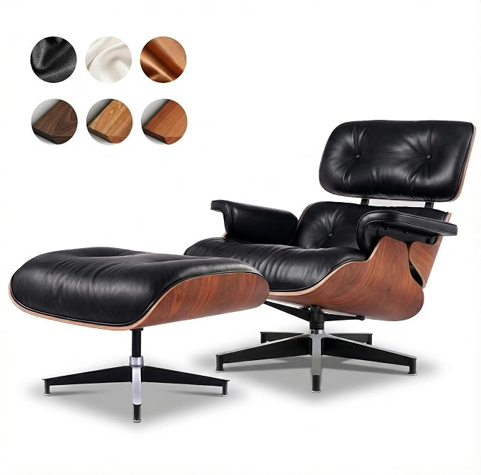 Top Black Grain Leather, Mid Century Chaise Lounge Chair and Ottoman, Accent by MakeHomeBetter