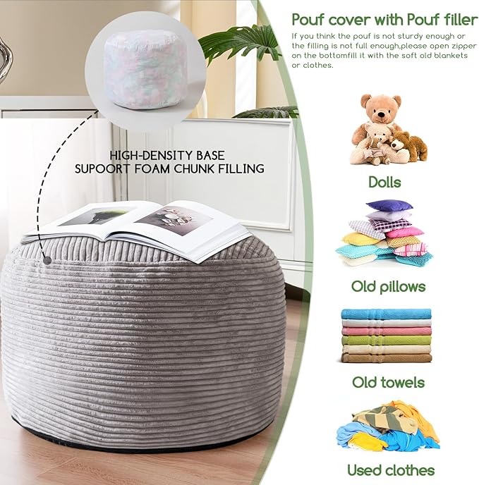 HIGOGOGO Round Stuffed Pouf Ottoman, Corduroy Poufs - Image 5