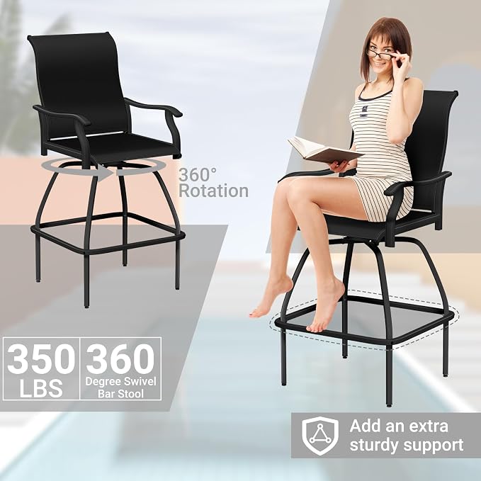 LEVELEVE Patio Bar Set 2pcs Swivel Bar Stools Outdoor Bistro Textilene - Image 4