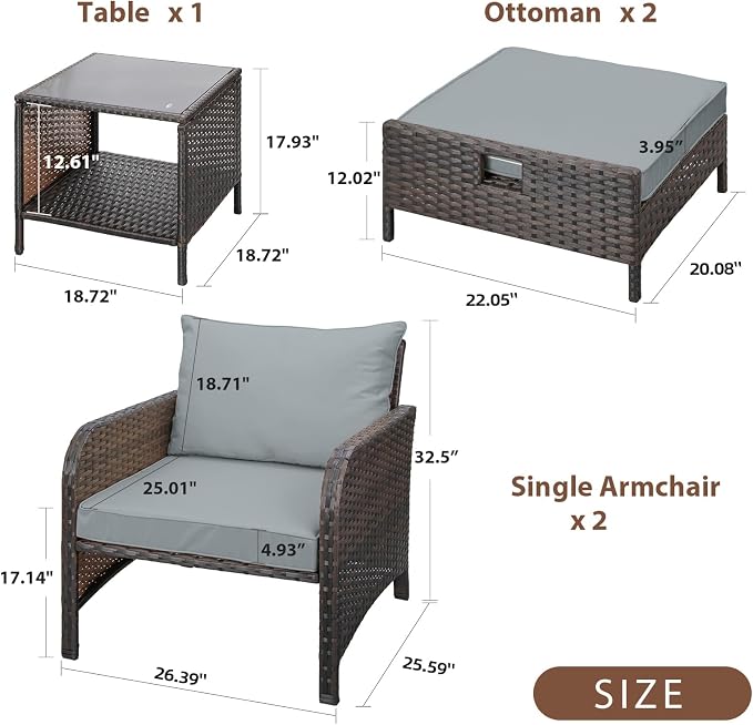 LEVELEVE Balcony Furniture 5 Piece Patio Conversation Set, PE Wicker Rattan - Image 2