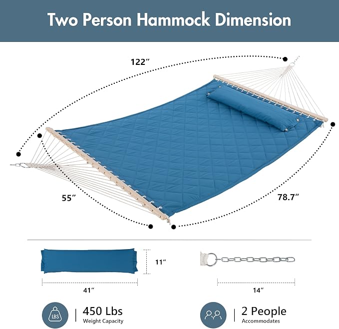 ANOW Quilted Hammock with Spreader Bars and Detachable Pillow, Large Hammock - Image 6