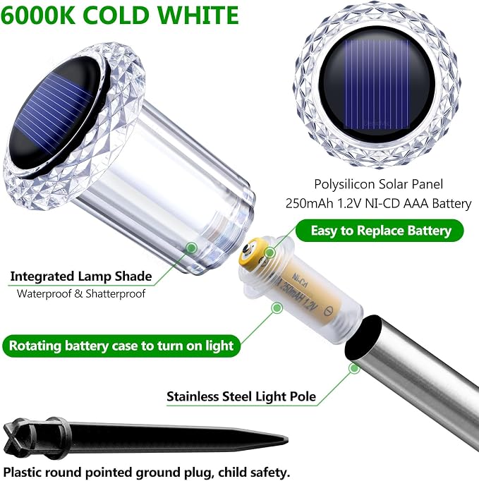 DenicMic Solar Lights Outdoor 10 Pack Waterproof 6000K Cold White LED Stainless - Image 2