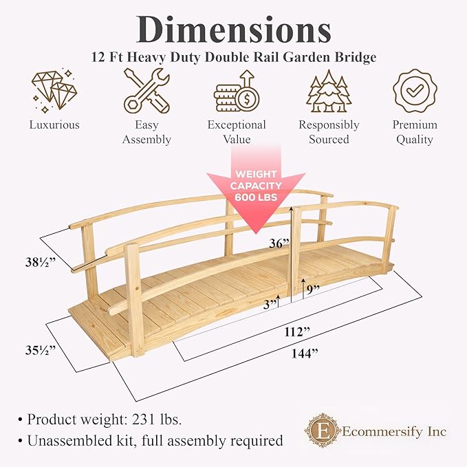 12 FT NATURAL Amish Made Garden Bridge - Image 2
