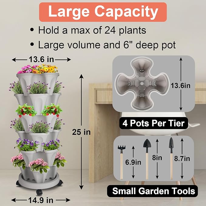 GameXcel Vertical Planter 6 Tier Stackable Planters Garden Planters Strawberry - Image 4