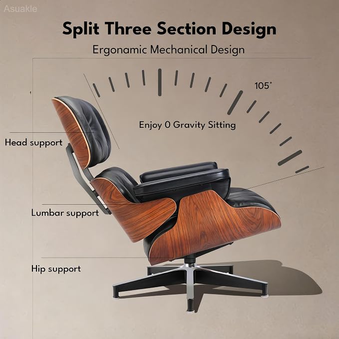 Top Black Grain Leather, Mid Century Chaise Lounge Chair and Ottoman, Leather - Image 8
