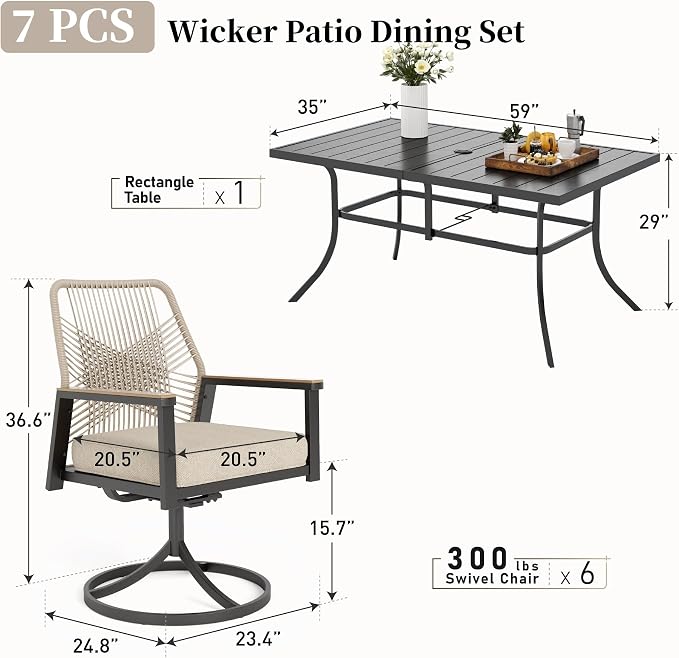 Patio Dining Set 7 Piece, 6 x Woven Rattan Swivel Chairs - Image 4