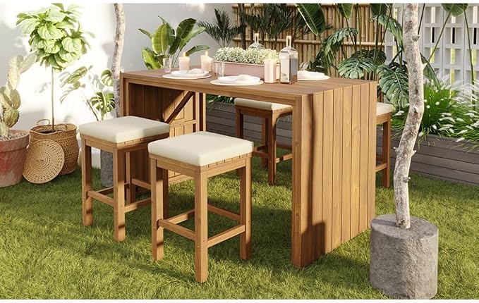 5 Piece Outdoor Bar Set, Patio Acacia Wood Bar Height Table & Four Stools - Image 6