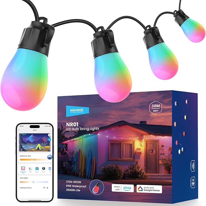 NEEWER 96ft Outdoor String Lights, App Control Smart AI RGBW Hanging Outside by Neewer
