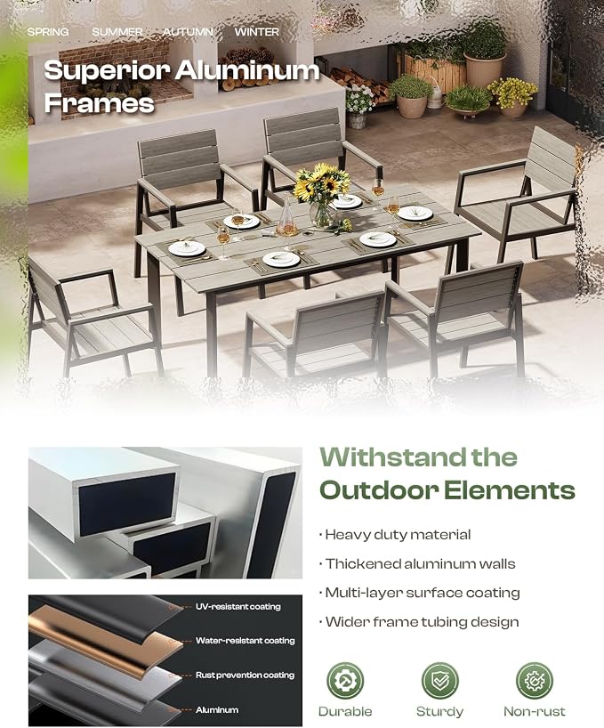 Outdoor Dining Set for 6, Aluminum Patio Table and Chairs Set - Image 4