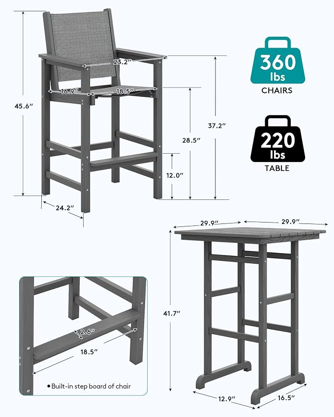 SERWALL 3 Pieces Textilene Adirondack Bar Set, Tall Adirondack Bar Height Chairs - Image 3