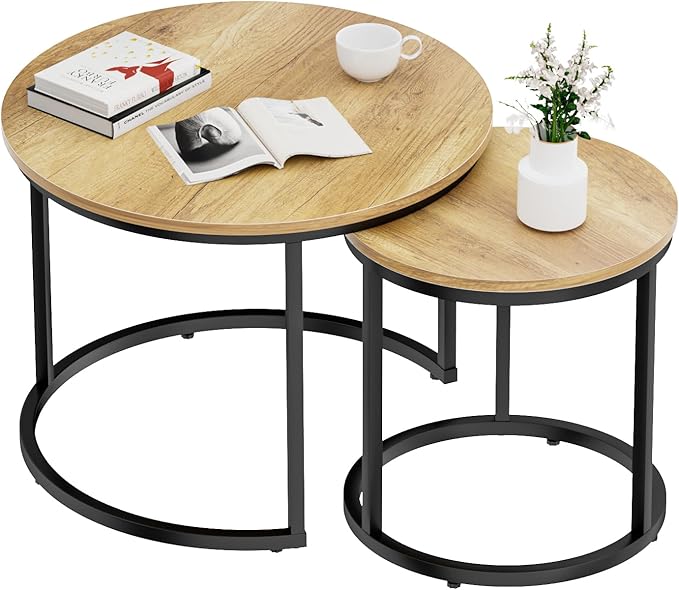 Smuxee Nesting Coffee Table Set of 2, 23.6" Round Coffee Table Brown Wood - Image 9
