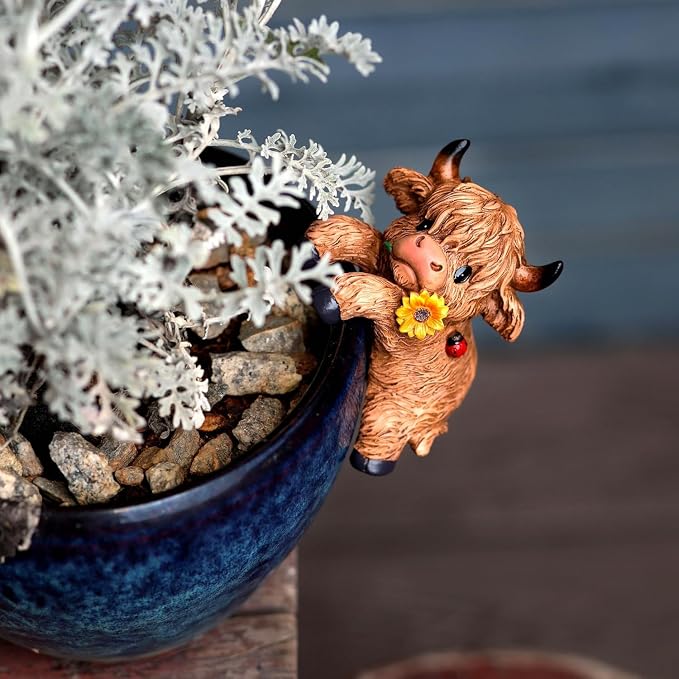 CXYCzsbjCute Rock Climbing Highland Bull Statue Flowerpot Hugging Device - Image 4