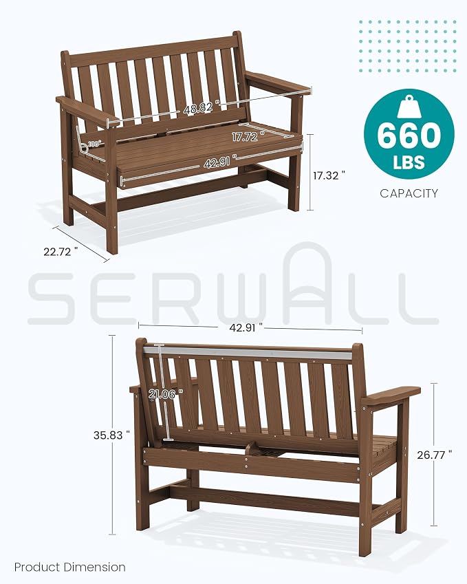 SERWALL Outdoor Bench, HDPE Outdoor Benches Weatherproof, 2-Person Garden Bench - Image 3