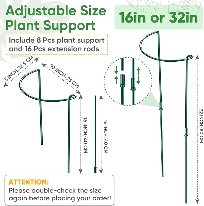 8 Pack 32 or 16 inch Adjustable Plant Support Stakes, Heavy-Duty Half Round - Image 2