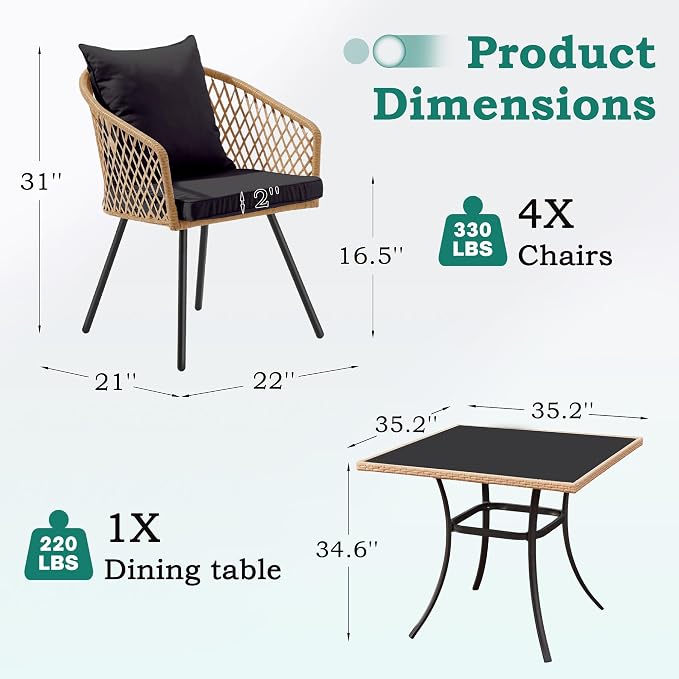 ECOTOUGE 5 Piece Patio Dining Set, Wicker Outdoor Furniture Set w/Glass Square - Image 5