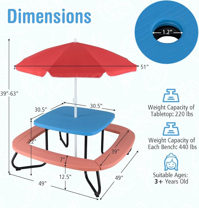 HONEY JOY Kids Picnic Table, 8 Person Toddler Outdoor Table and Chair Set - Image 3