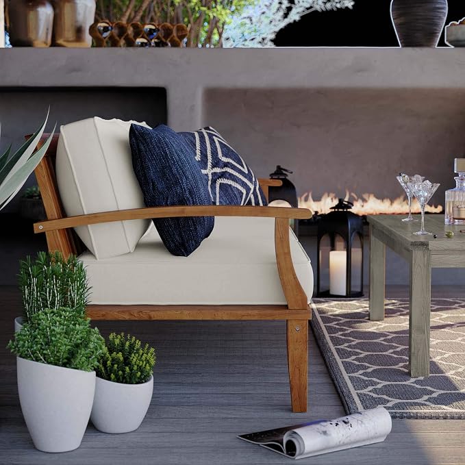 Modway Marina Outdoor Patio Teak Sofa in Natural White - Image 9