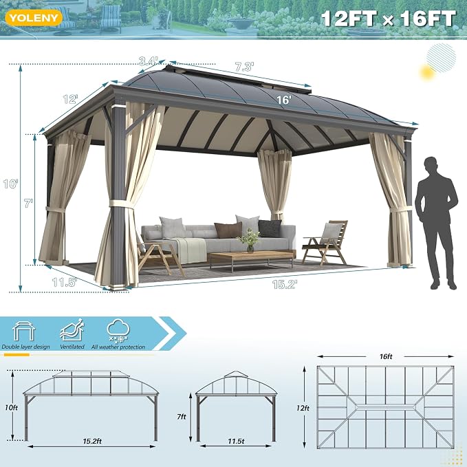 YOLENY 12'x16' Hardtop Gazebo, Permanent Outdoor Aluminum Patio Gazebo - Image 2