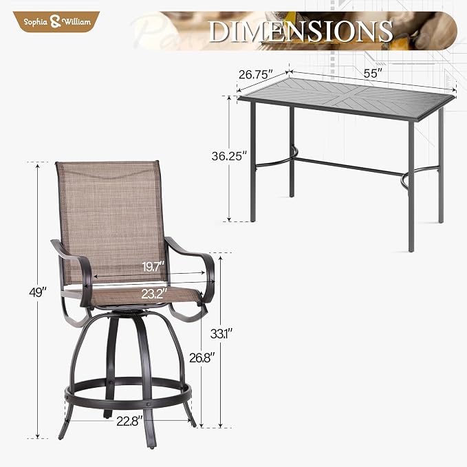 Sophia & William Outdoor Bar Set, Patio Bar Table and Chairs Set, All Weather - Image 6