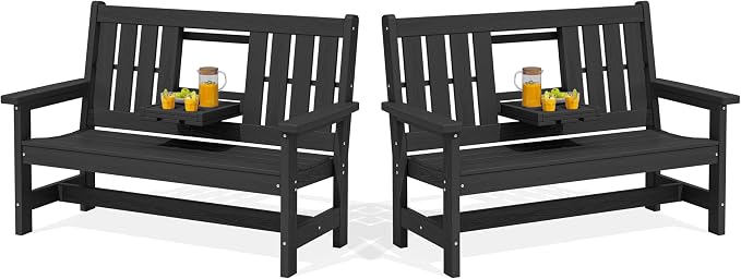 SERWALL Outdoor Bench with Cup Holder, All Weather Patio Benches with High by SERWALL