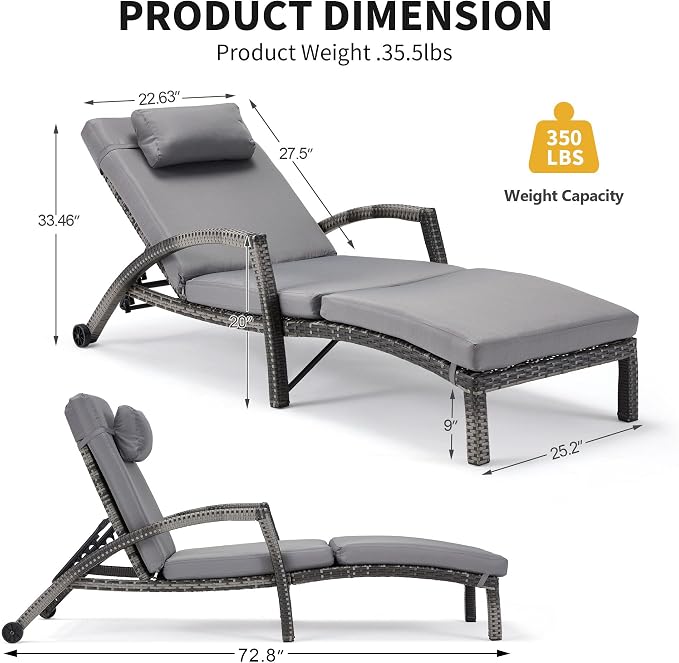 HOMREST Chaise Lounge Chairs Set of 2, PE Rattan Wicker Patio Lounge Chair - Image 3