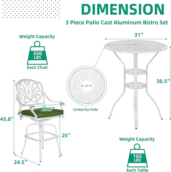 VIVIJASON 3-Piece Patio Swivel Bar Stools Set, All Weather Cast Aluminum - Image 6