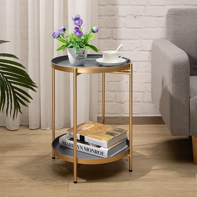 HollyHOME 2-Tier Round Gold Side Table, Outdoor Small Folding Accent Stand - Image 2