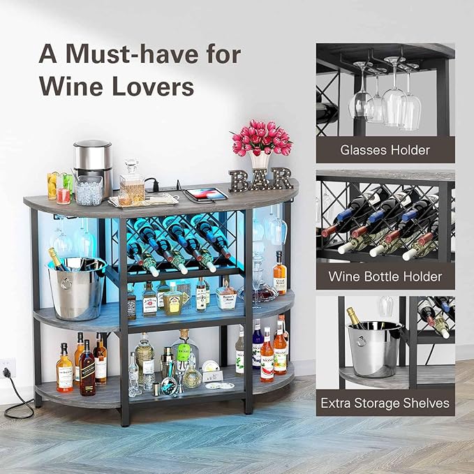 Zarler Bar Cart with Power Outlet Easy to Assemble, LED Home Bar Cabinet - Image 6