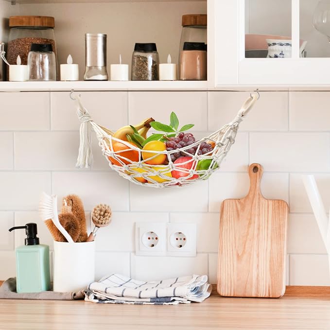 Hanging Fruit Hammock with Hooks, Hanging Fruit Basket Under the Kitchen Cabinet - Image 4