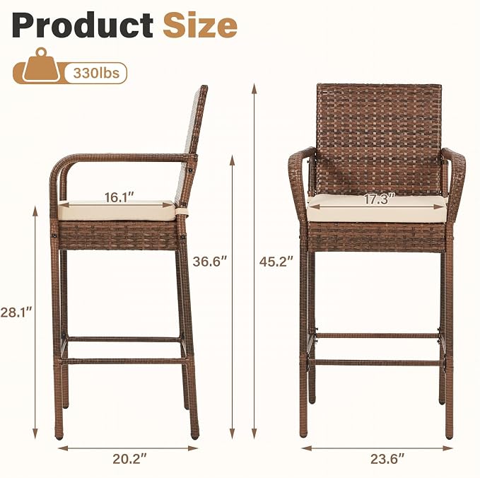 ECOTOUGE Patio Rattan Barstools Set of 4, Outdoor Wicker Bar Height Chairs - Image 7
