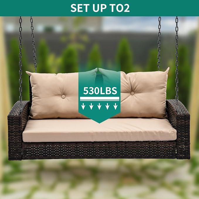 YITAHOME Wicker Hanging Porch Swing Chair Outdoor Brown Rattan Patio Swing - Image 3