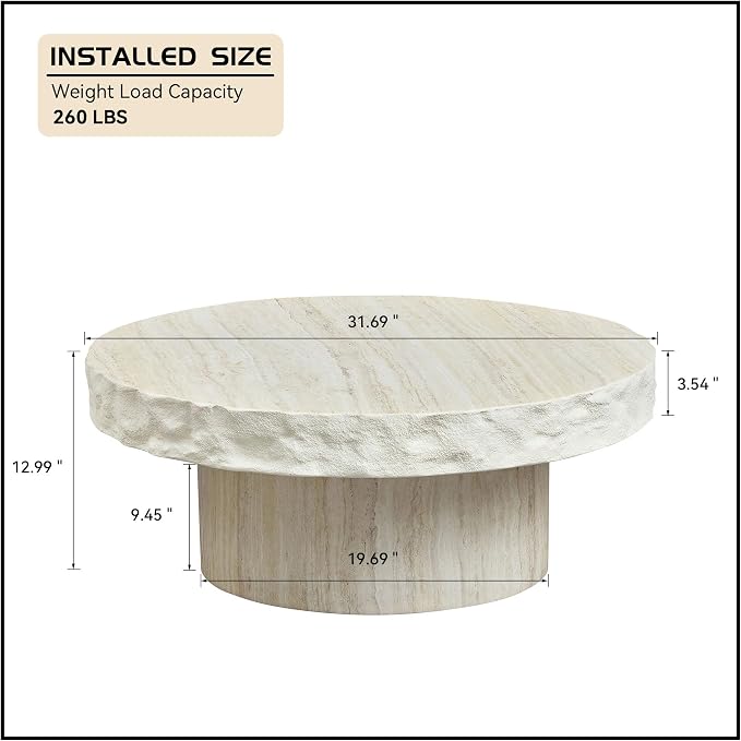 Round Coffee Table, 31.69" Fiberglass Faux Marble Pattern Imitation Stone Table - Image 2